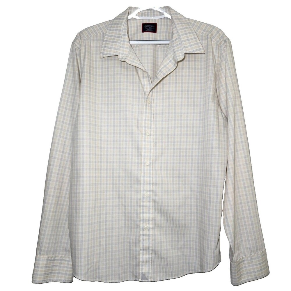 UNTUCKit Durr Shirt Men’s Large Slim Fit Tan Plaid Wrinkle Free Cotton